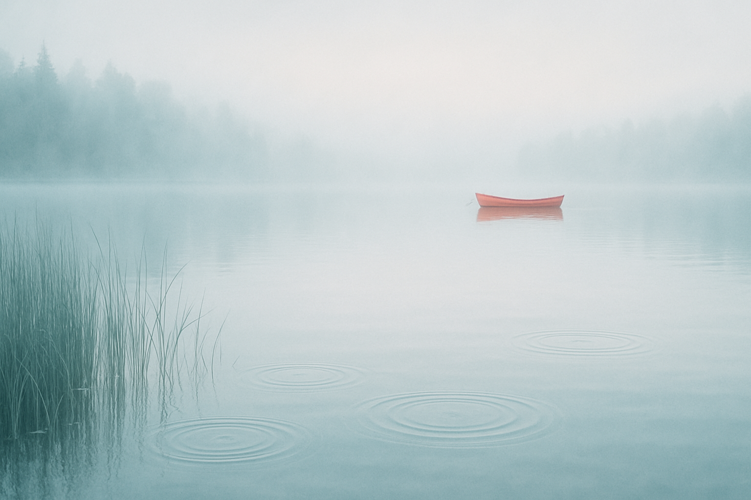 Usvainen suomalainen järvi aamulla, väreet pinnassa ja kaukainen vene